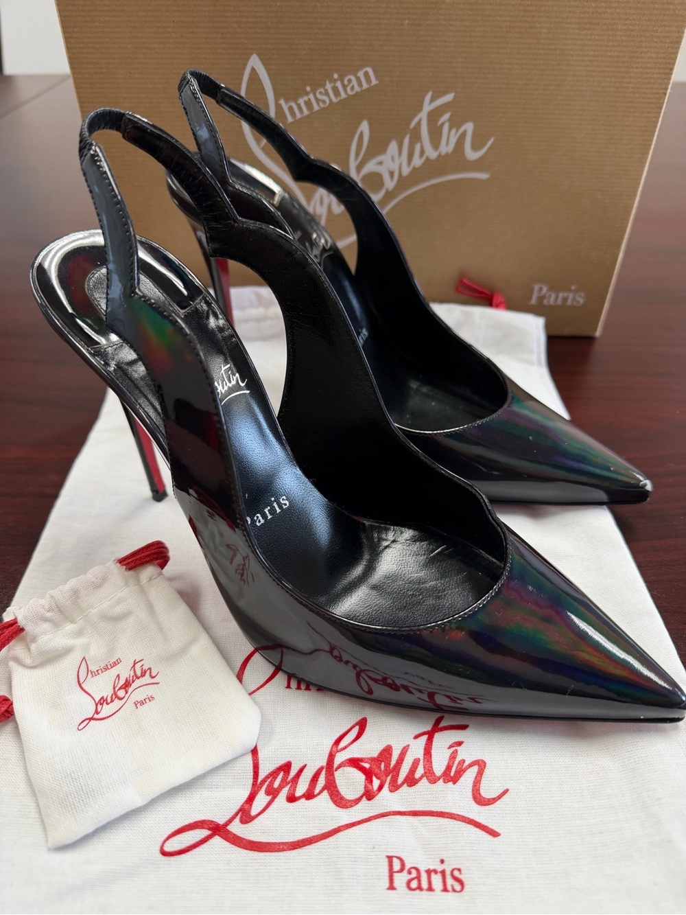 Christian Louboutin Black Iridescent Psychic Hot Chick Slingback 100 Pumps 38.5